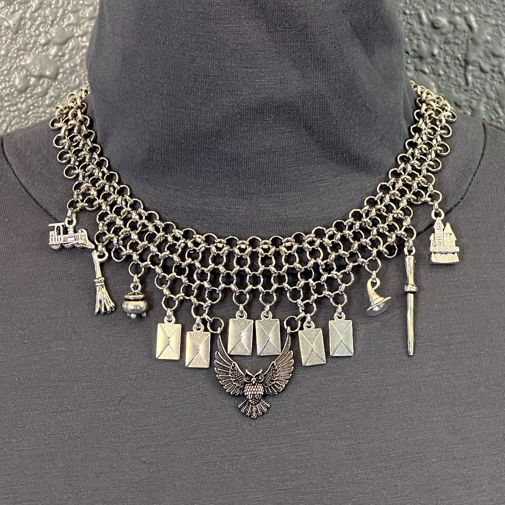 Harry Potter Handmade Chainmail Character Necklace, Hedwig Owl, Hogwarts Castle